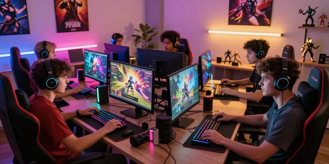 Gamers enjoying engaging porn games in a vibrant home setup with modern devices.