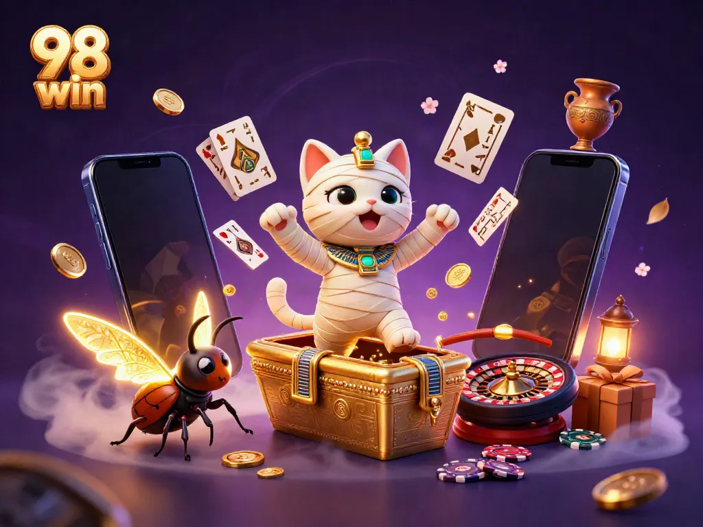 Experience exciting wins with 98 win’s vibrant casino scene featuring a mummy cat and mystical elements.
