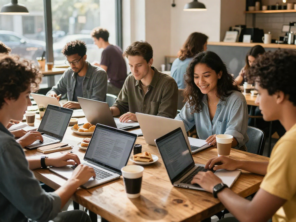 Writers collaborating in a coffee shop, engaging discussions about what they said.