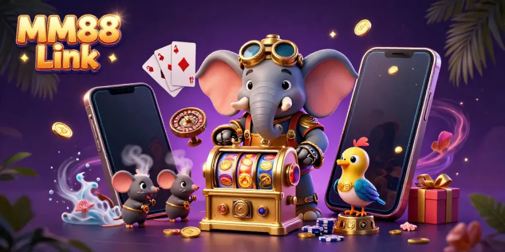 Spin the reels with MM88 Link in this vibrant, 3D steampunk casino scene.
