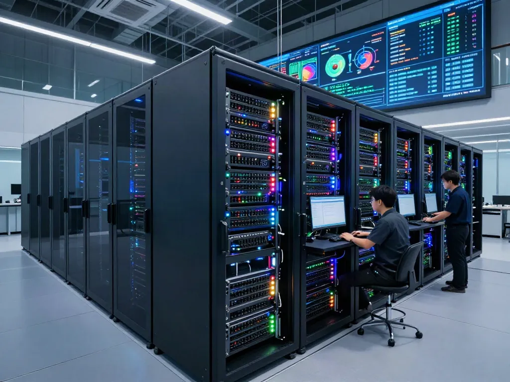 AI data center with high-density GPU racks and technicians monitoring performance.