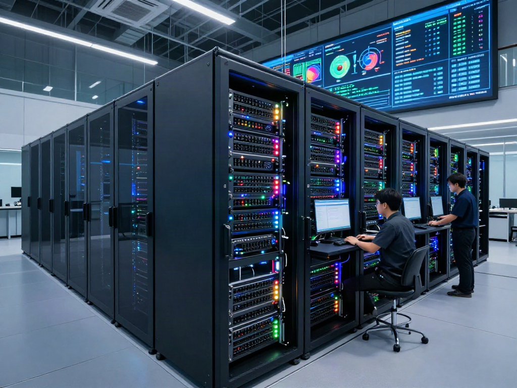 AI data center with high-density GPU racks and technicians monitoring performance.