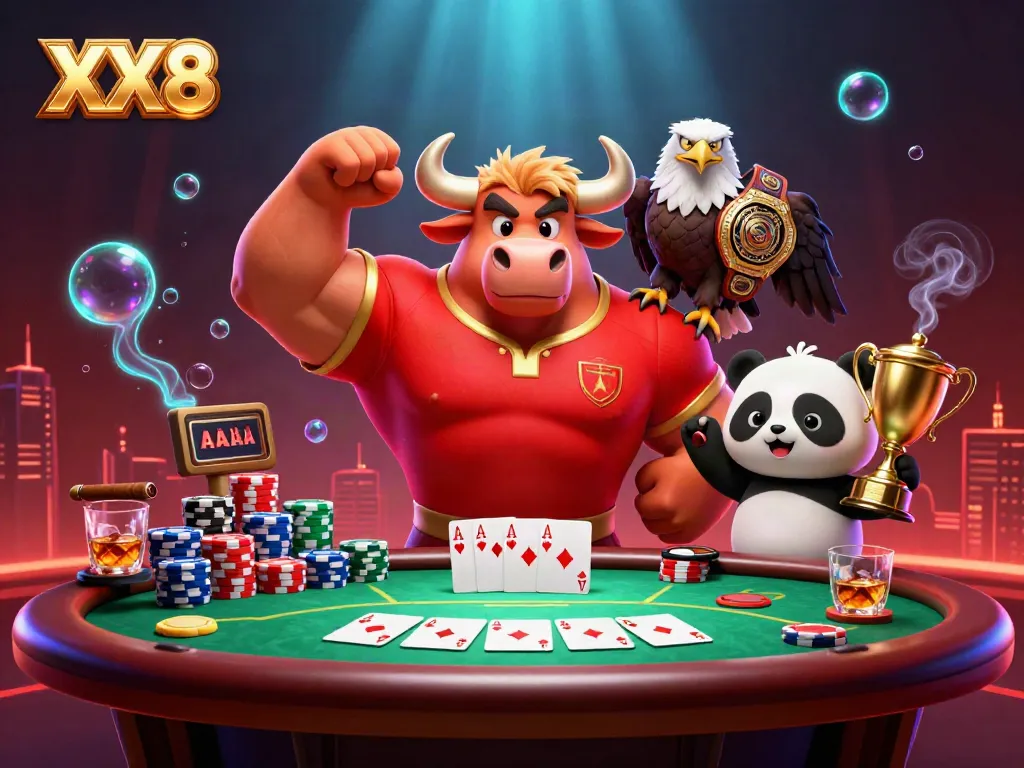 Engage in exciting gameplay at XX8 Casino with the victorious bull, eagle, and panda celebrating winnings.