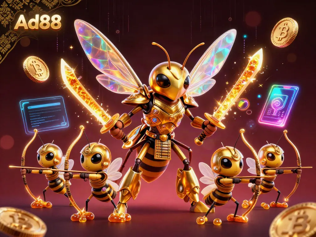 Experience the high-stakes excitement with Ad88 in a vibrant casino world filled with golden characters and crypto elements.