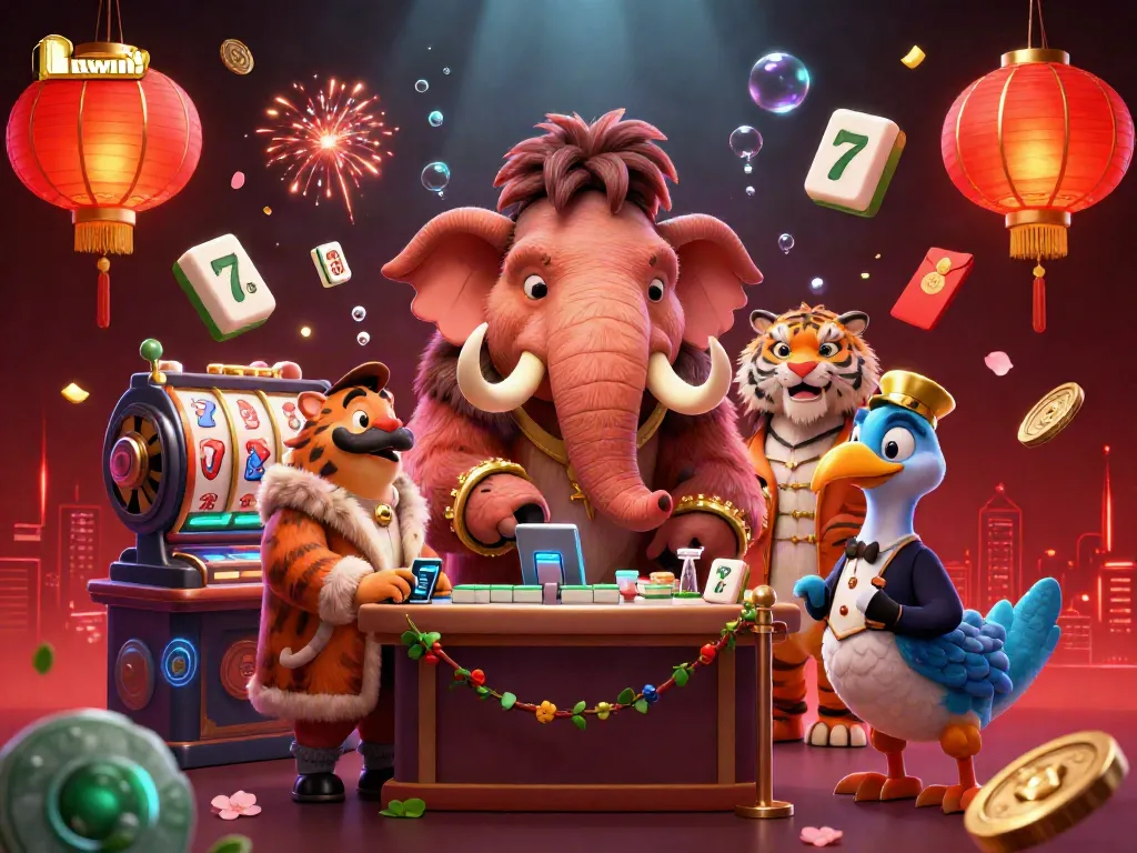 Experience thrilling casino action at LLWIN with a vibrant illustration of a lively entry scene featuring a mammoth bouncer.