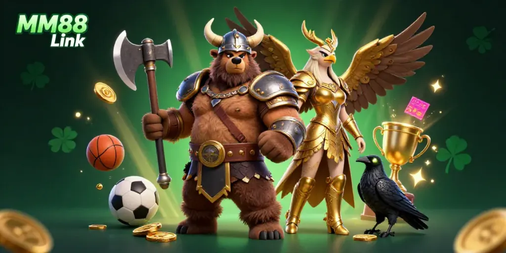 Experience the vibrant MM88 Link featuring a Viking berserker bear and Valkyrie eagle amid dynamic sports betting elements.