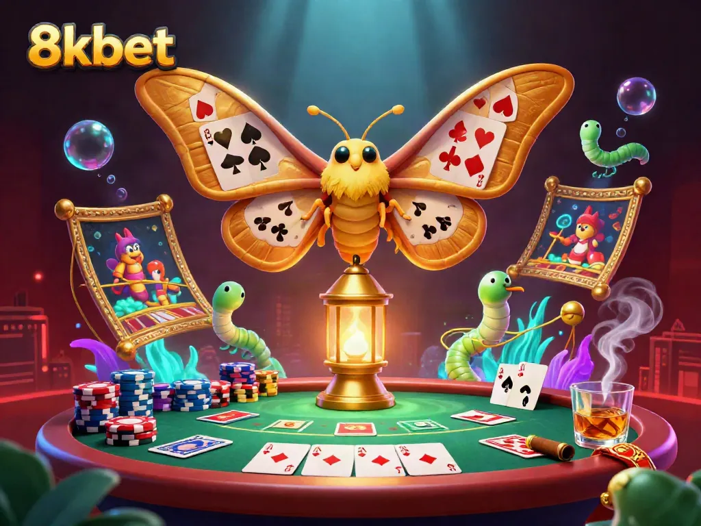 Experience thrilling gambling at 8xbet with a dazzling 3D casino moth illustration featuring poker elements.