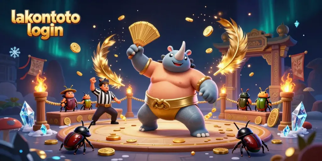 Gambaran 3D menarik tentang pahlawan sumo kumbang badak dalam "lakontoto login" yang melambungkan koin emas.