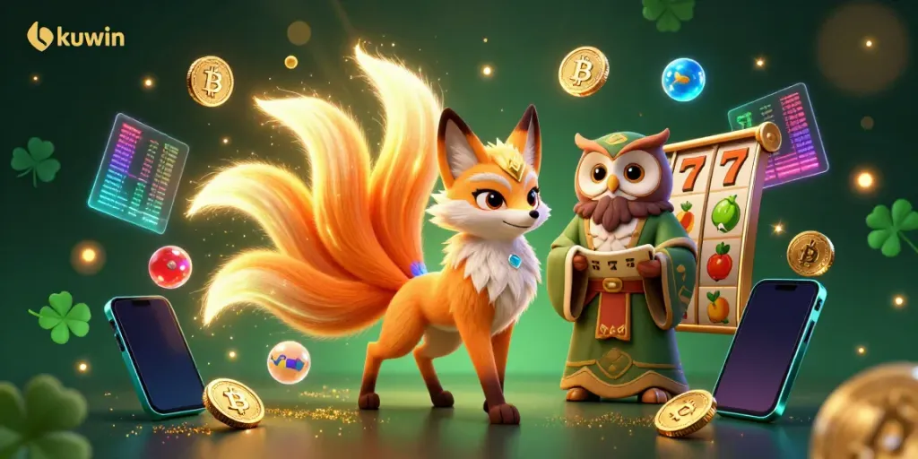 Kuwin's vibrant gambling scene showcases a nine-tailed fox spirit and wise owl surrounded by colorful slot game elements.