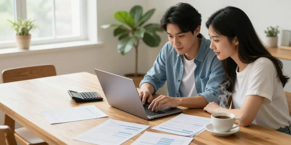 Couple discussing payday loans Alberta while budgeting and reviewing financial documents at home.