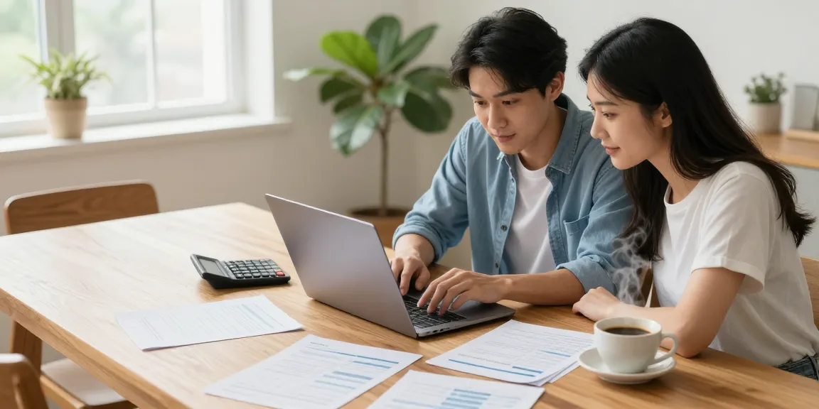 Couple discussing payday loans Alberta while budgeting and reviewing financial documents at home.