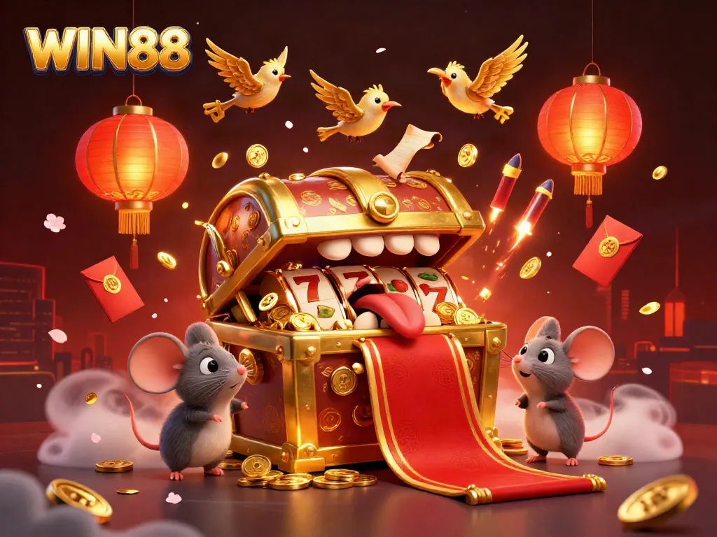 WIN88 treasure chest illustration attracting adventurer mice with slot game elements and vibrant visuals