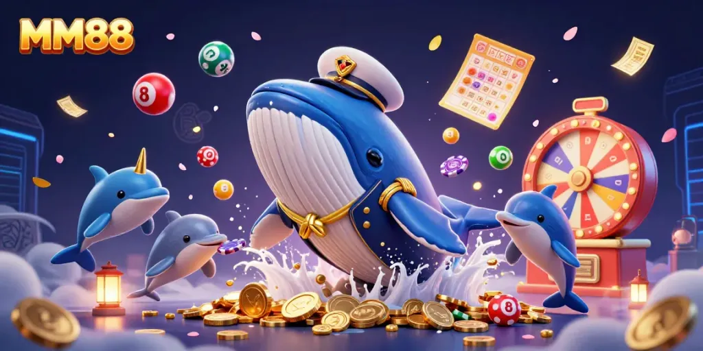 Experience the excitement of MM88 with cartoon characters celebrating a gambling atmosphere full of vibrant elements.