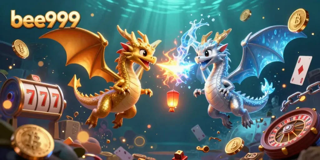 Engage with bee999's exhilarating adventure featuring a gold and silver dragon battling in vibrant casino-themed chaos.