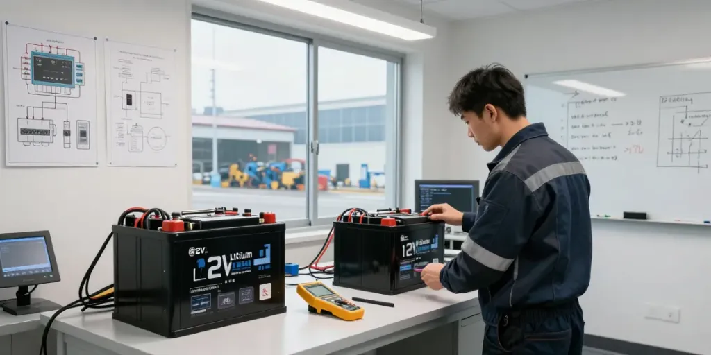 Technician inspecting a 12V lithium battery installation in an industrial workspace.
