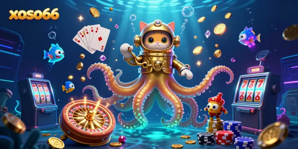 Xoso66 promotion featuring a kraken, diving cat, and underwater treasures in a vibrant casino scene.