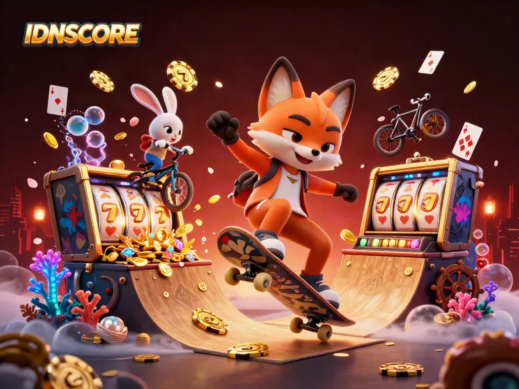 IDNSCORE gaming scene features a skateboarder fox and BMX rabbit amidst slot games and golden treasures.