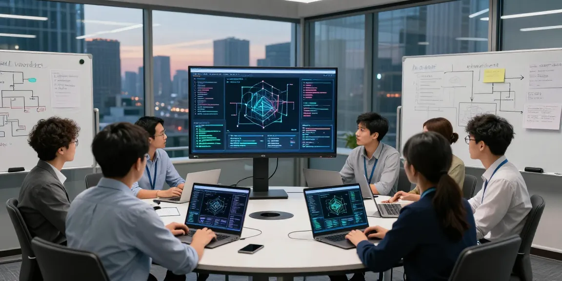 Team collaborating on Enterprise AI solutions in a modern office, showcasing data analysis and innovation.