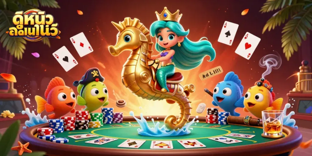 Engagingly showcase ดูหนังออนไลน์ experience with vibrant casino elements in a cartoon scene.