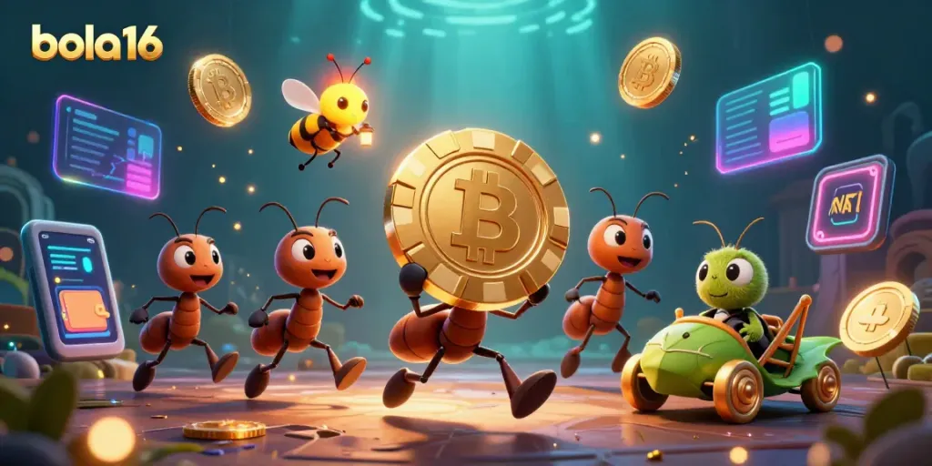 Carts carrying a giant golden poker chip alongside Bitcoin symbols represent bola16's exciting online gaming.
