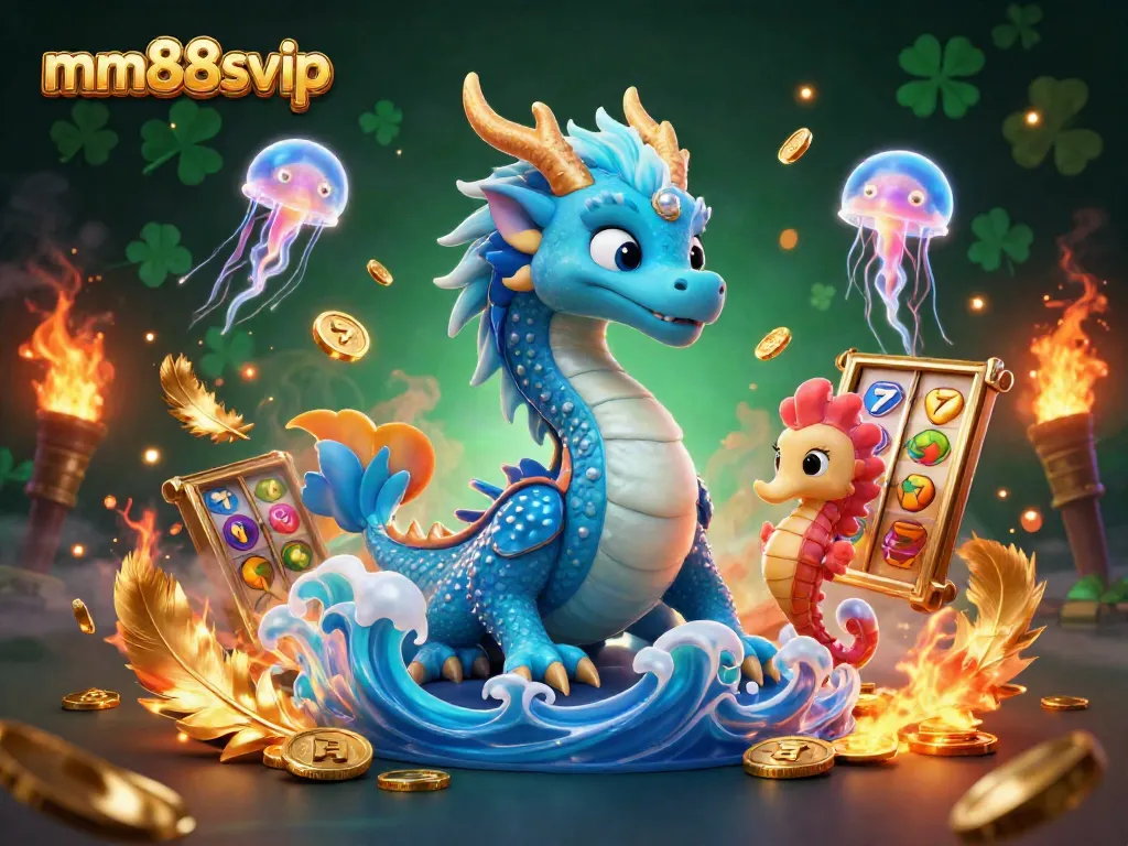 Engage with mm88svip's vibrant casino scene featuring a water dragon and seahorse, amid dynamic slot reels and gold coins.