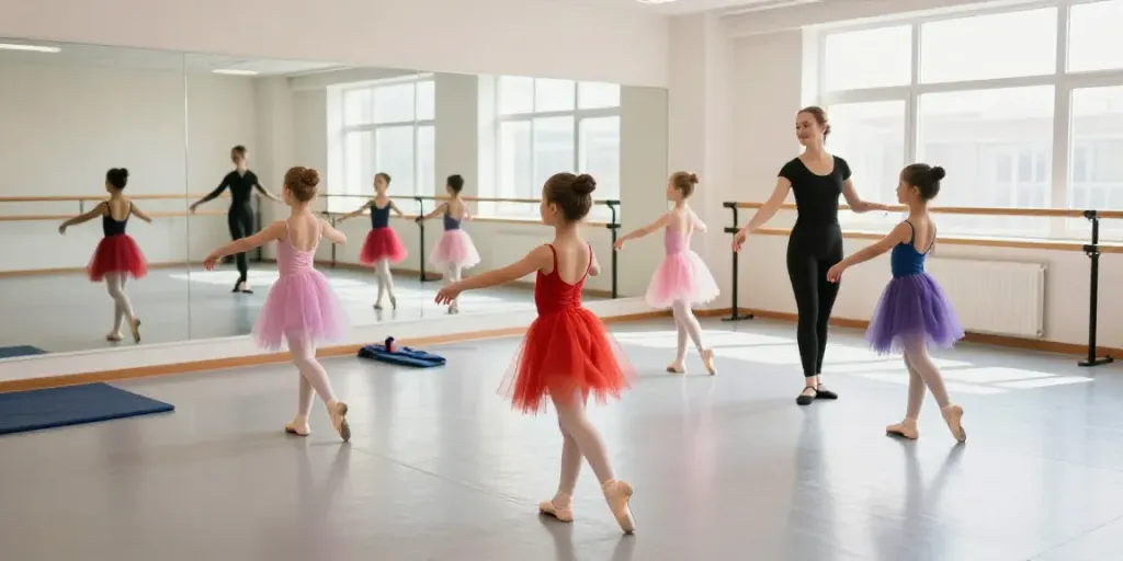 Young dancers rehearsing in colorful tutus at tutu-store.com ballet studio.