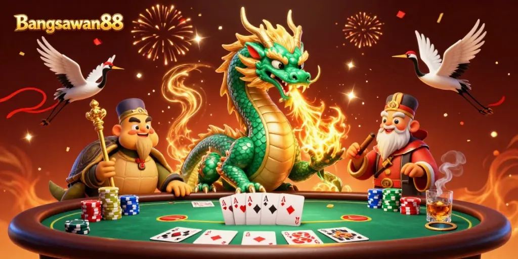 Experience the excitement of Bangsawan88 with a vibrant 3D digital casino scene featuring a jade dragon and poker elements.