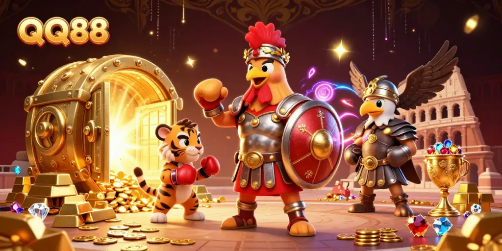 Immerse in QQ88's thrilling world with 3D characters and vibrant casino elements.