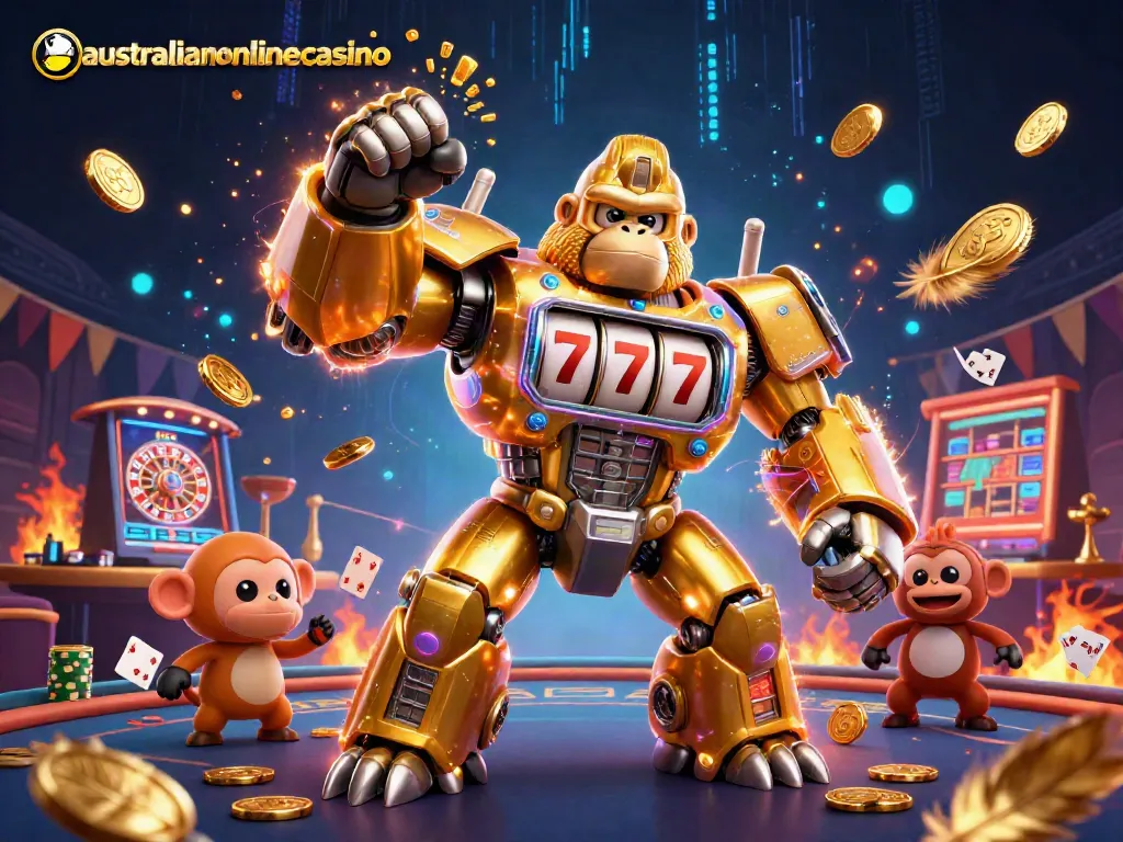 Experience the excitement of australianonlinecasino with an explosive 3D mech casino scene.