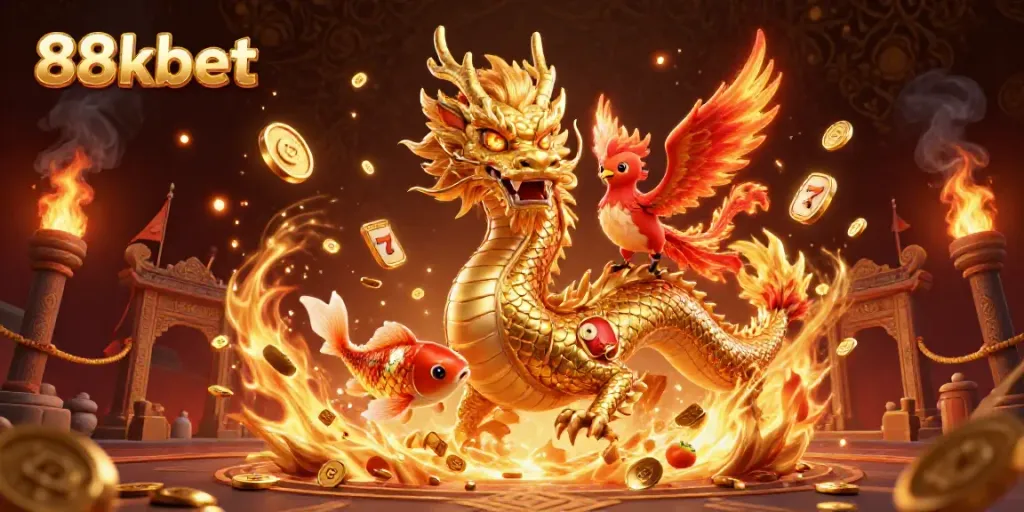 Experience dynamic play with 88kbet in this vibrant casino scene featuring a dragon and koi fish.