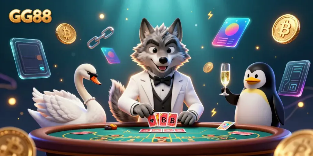 Engage with GG88 and experience the thrill of baccarat with a stylish wolf, swan, and penguin.