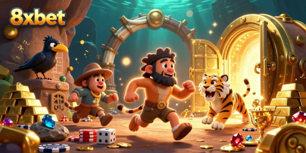 Experience thrilling adventures at 8xbet's imaginary prehistoric casino with cartoon characters and treasures.