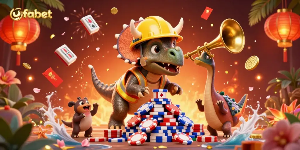 Engage in thrilling ufabet gaming with a vibrant celebration featuring a triceratops stacking poker chips amidst festive elements.