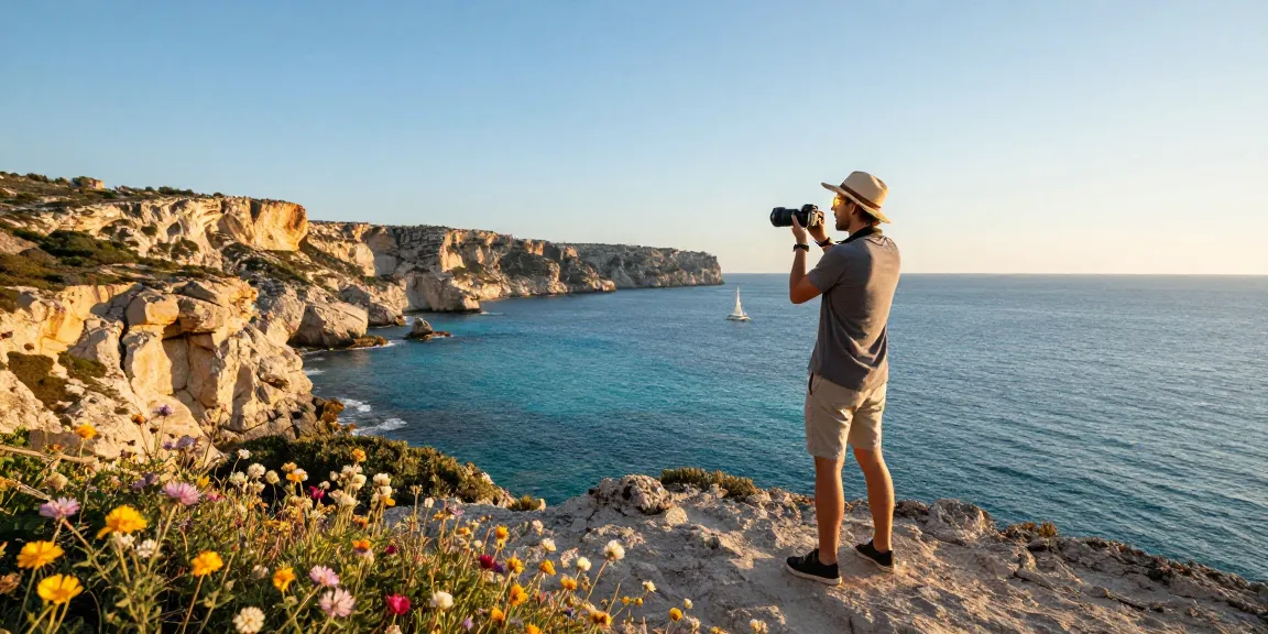 Gozo tours highlighting a traveler capturing scenic coastal views at sunset.