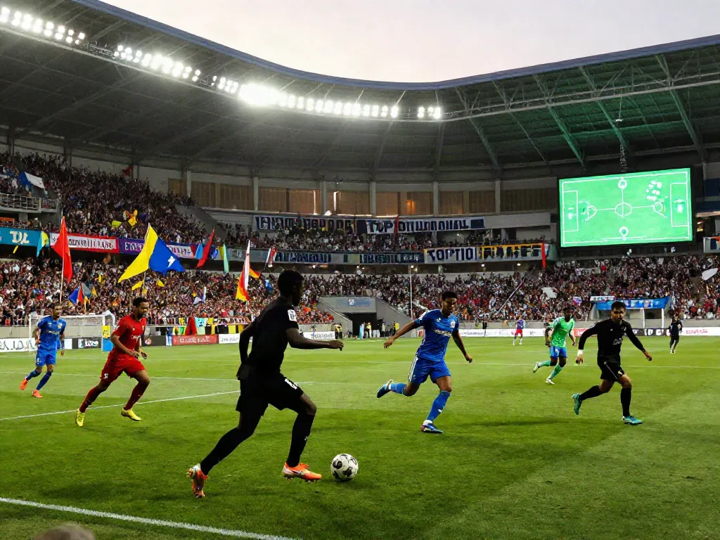Exciting football match scene featuring iconic players representing TOP10ตำนานนักเตะ, vibrant crowd atmosphere.
