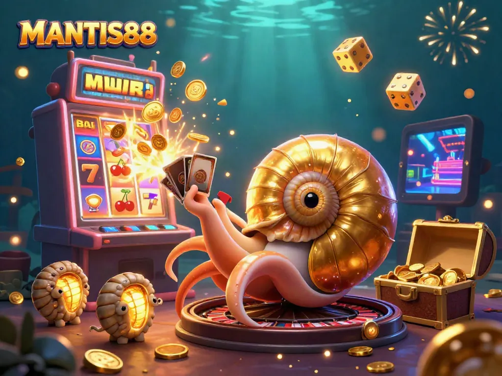 MANTIS88 provides a vibrant slot and casino experience with a unique nautilus roulette character and dynamic gaming elements.