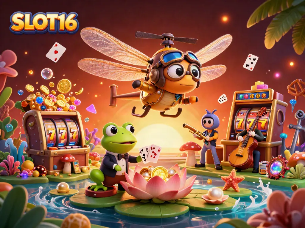SLOT16 showcases a vibrant 3D scene of a dragonfly pilot and frog croupier amidst casino action.