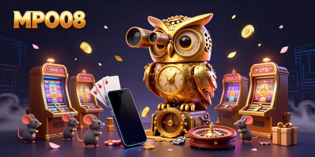Experience the thrilling MPO08 live casino scene with vibrant game elements and dynamic characters.