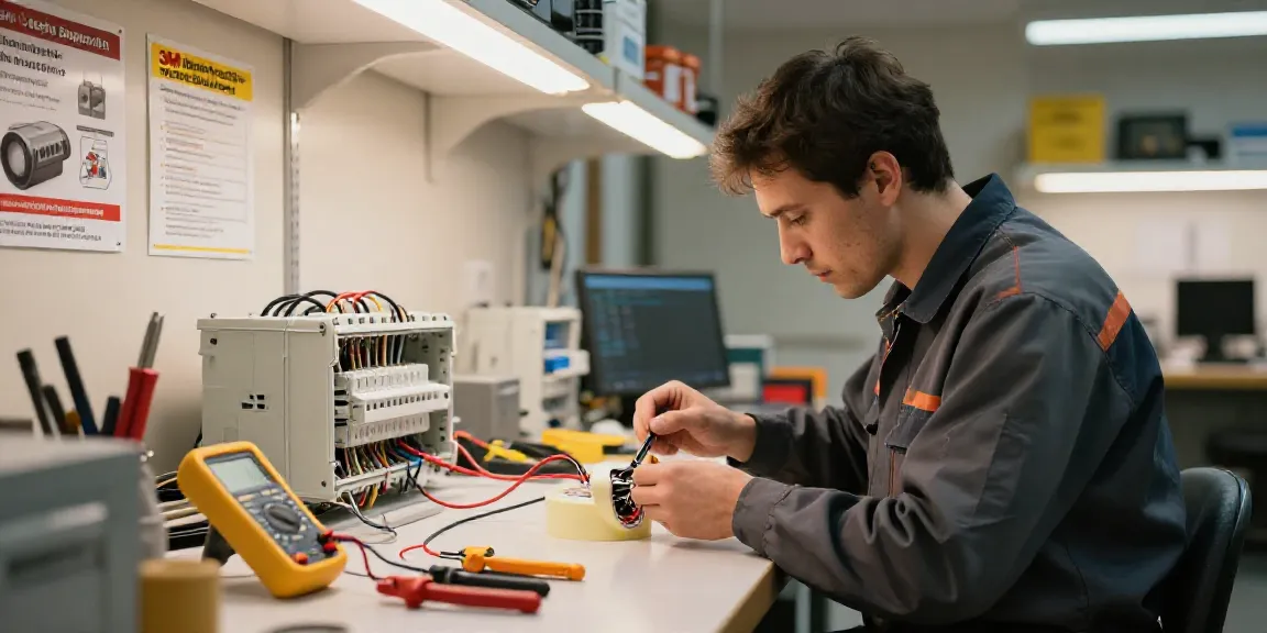 Technician applying 3M Scotch Super 33+ tape while working on electrical installation in a modern workshop, emphasizing precision and safety.