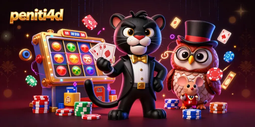 Menangkan hadiah besar di permainan slot PENITI4D dengan panther bergaya dan teman-temannya di kasino.