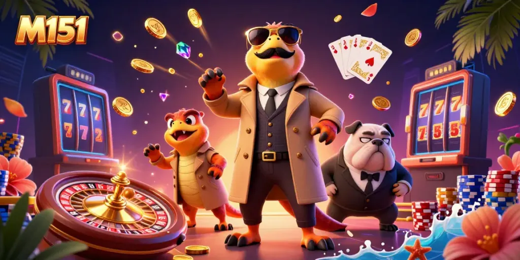 Raptors in a trench coat attempting to enter a VIP casino, showcasing the M151 in an engaging environment with casino elements.