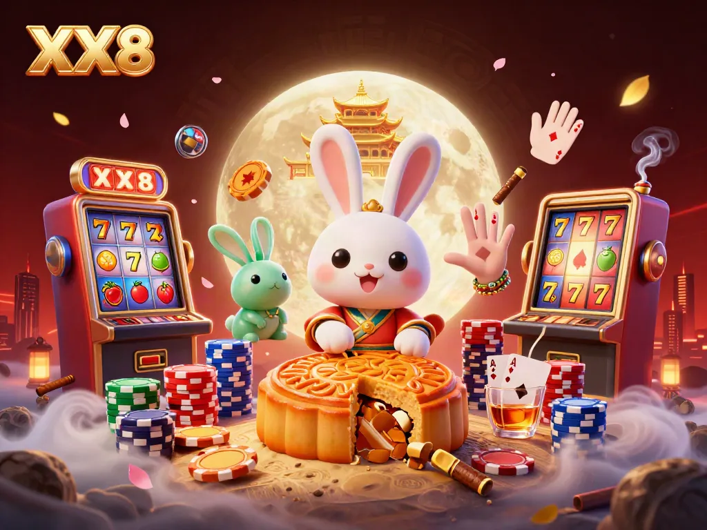Join the playful moon rabbit and friends in the XX8 casino moonscape, revealing poker chips and slot machines.