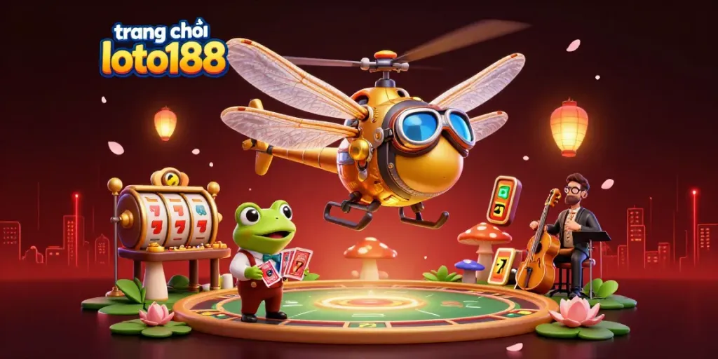 Experience thrilling gaming at trang chủ loto188 with a vibrant casino scene featuring a dragonfly pilot and frog croupier.