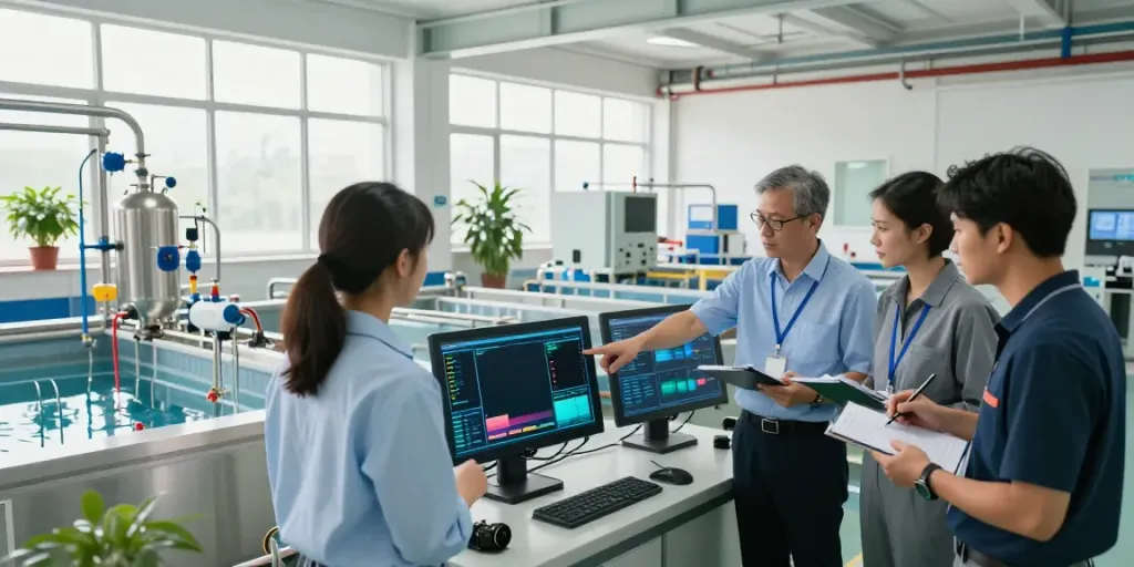 A diverse engineering team collaborating as water treatment equipment suppliers in a modern facility.