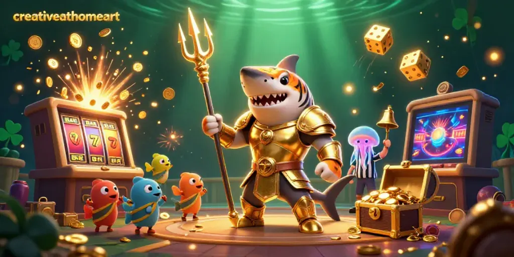 CreativeAtHomeArt showcases a tiger shark in gladiator armor amidst a lively casino scene, highlighting gaming excitement.