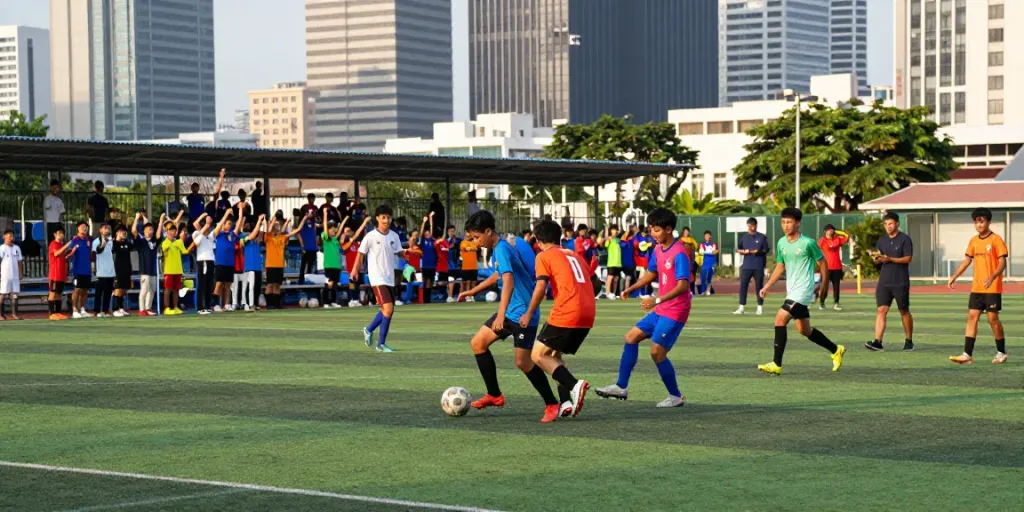 Passionate young players practicing ข่าวฟุตบอลไทย on a vibrant urban football pitch.
