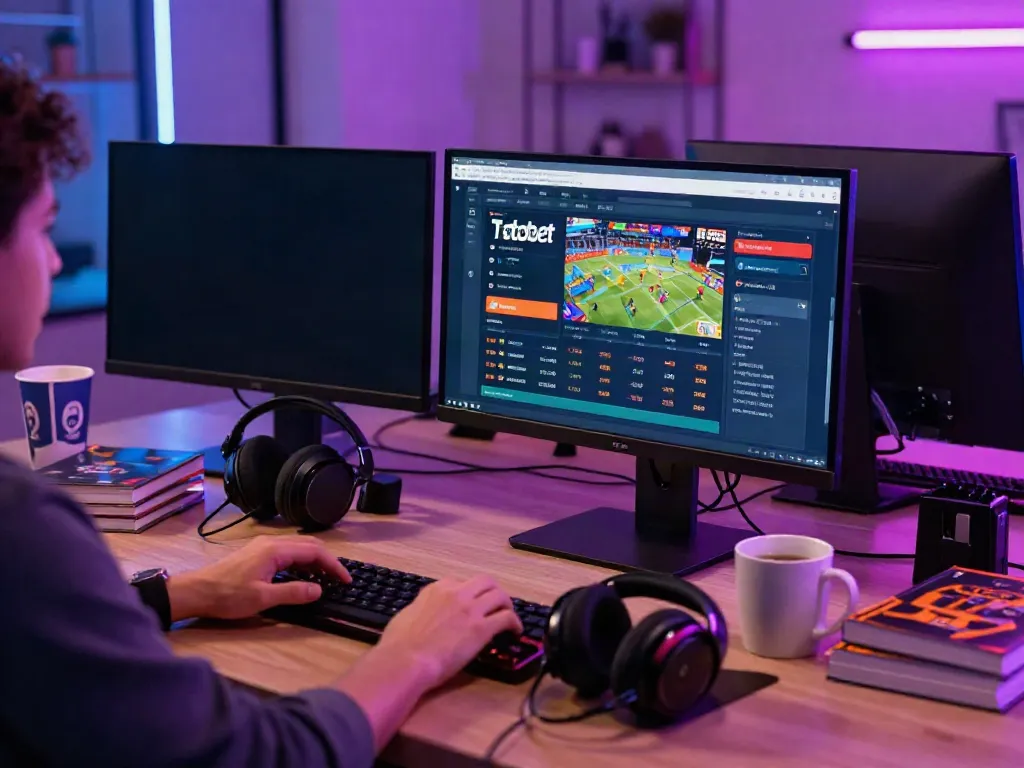 Engaging gaming setup with Totobet link alternatif on dual monitors in a stylish apartment.