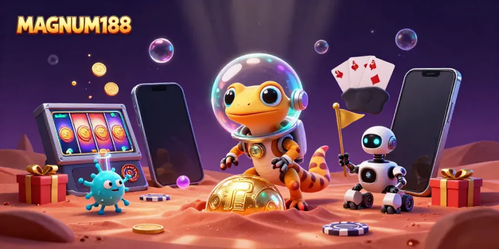 Experience MAGNUM188 as a Martian gecko discovers a golden casino amidst cosmic excitement.