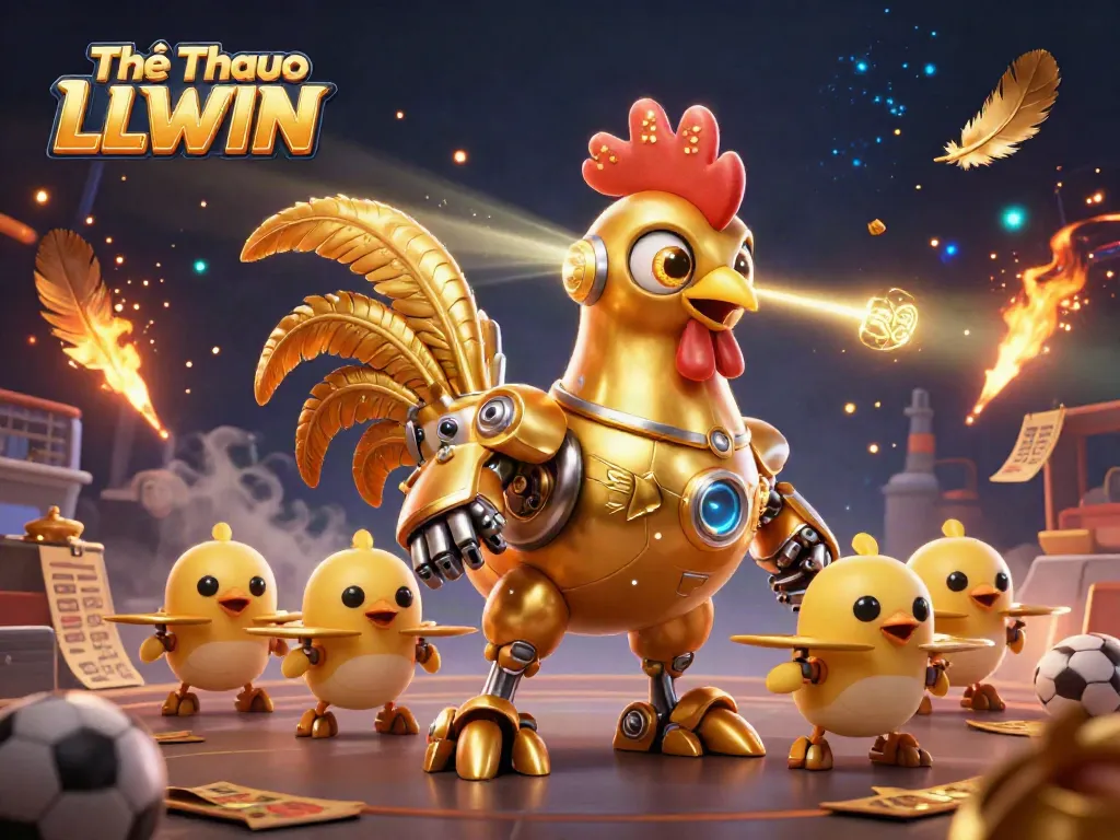 Engage with Thể Thao LLWIN, featuring a golden rooster robot and baby chick drones in a vibrant sports betting scene.
