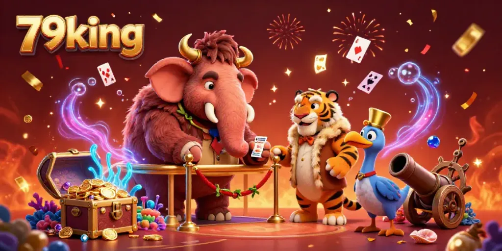 Experience the vivid casino world of 79king as the mammoth bouncer greets VIP guests with dazzling gems and radiant treasures.